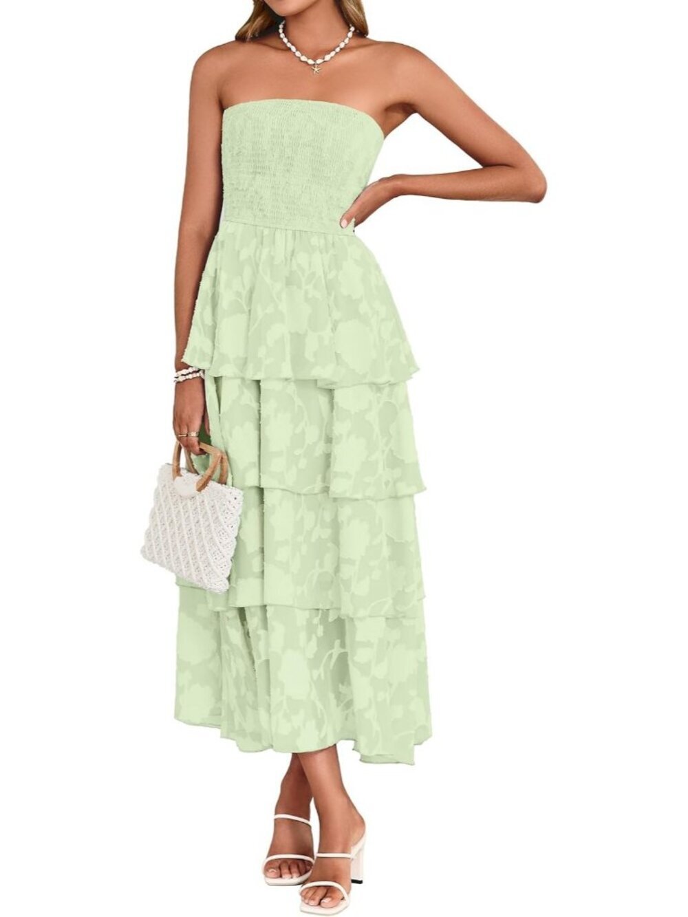 Women Strapless Maxi Dress Floral Off Shoulder Dress Sage Green Beach Sundress